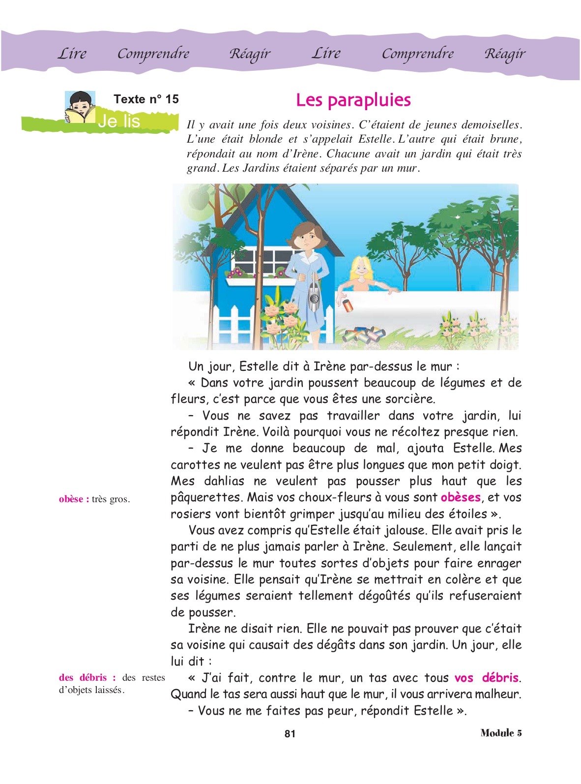 Page 81 du manuel : début du texte « Les parapluies »